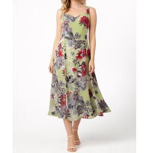 Vintage Loco Lindo Lime Green Floral Print Rayon Midi Dress Size L Made in USA